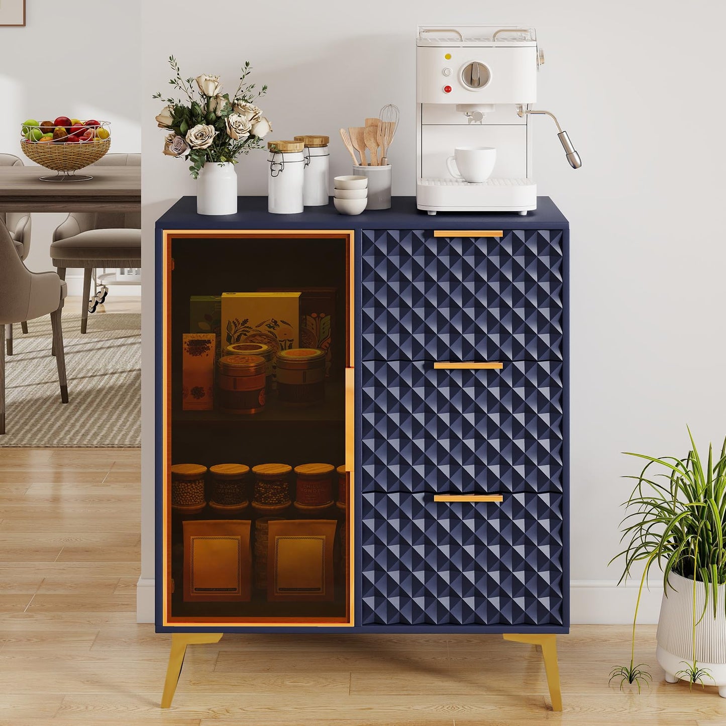 Rovibek Modern Sideboard Cabinet with Storage, Small Kitchen Buffet Cabinet with Glass Door & 3 Drawers, 31" Accent Sideboard Buffet for Kitchen, Living Room, Blue