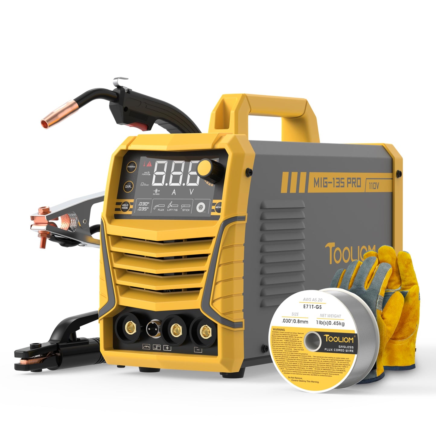 TOOLIOM 135A Gasless Flux Core MIG Welder 110V MIG Welder Flux MIG/Lift TIG/Stick 3 in 1 Welding Machine IGBT DC Inverter with LCD Display