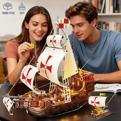 Santa Maria Ship Building Set with LED Lights 2 in 1 Pirate Ship House Wharf Building Block Kit 1253 PCS Adventure Merchant Ship Model Building Toy Gift for Adults Teens Boys Girls Ages 12+