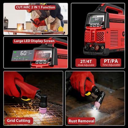 GNI 60Amp Portable Plasma Cutter/Stick Welder 2 IN 1, Non-Touch Pilot Arc 120V/240V Plasma Cutter Machine, 4/5’’ Max Cut, Pre-Installed Air Regulator, 2T/4T, IGBT for Beginner DIY & Home Workshop