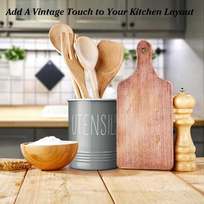 Bivvclaz Gray Kitchen Utensil Holder, 6.7" Utensil Holder for Counter, Cooking Utensil Crock with Cork Bottom, Modern Farmhouse Kitchen Decor, Countertop Utensil Storage Organizer Caddy