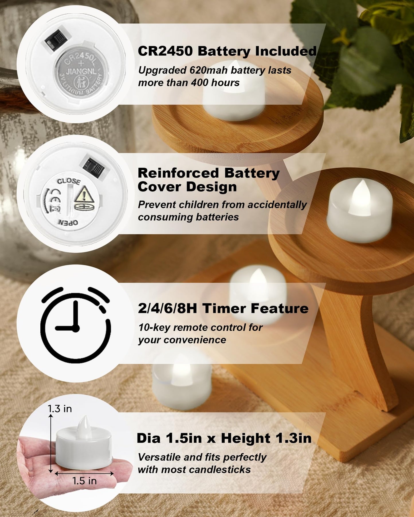 BEICHI Remote Candles, 12 Pack Timer Candle, Flameless Tea Lights Candles Battery Operated, Flickering LED Tea Lights, Timer Battery Votive Candles- Pure White- White Base