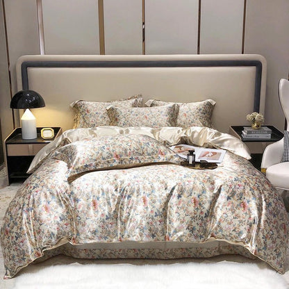 TodaFre Beige Satin Duvet Cover Queen Size, Cooling Breathable Bedding Set for Hot Sleepers - 1 Floral Patterned Duvet Cover 90x90 Inches with Zipper Closure, 2 Pillowcases