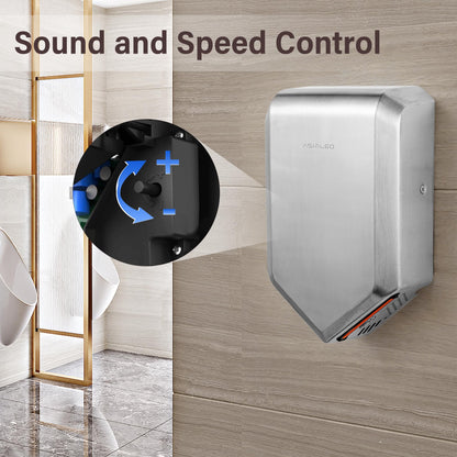 ASIALE Double Air Wiper Commercial Hand Dryer, Hot/Cold Air Switchable, Sound and Speed Control, Brushed Stainless Steel, 1000W, AC110V-130V