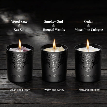 Luxury Black Crystal Candle Gift Set for Men 3 Pack 7oz Soy & Beeswax Candles with Real Natural Crystals, Zinc Alloy Lids & Wick Trimmer, 120H Burn Time, Masculine Woodsy Home Fragrance
