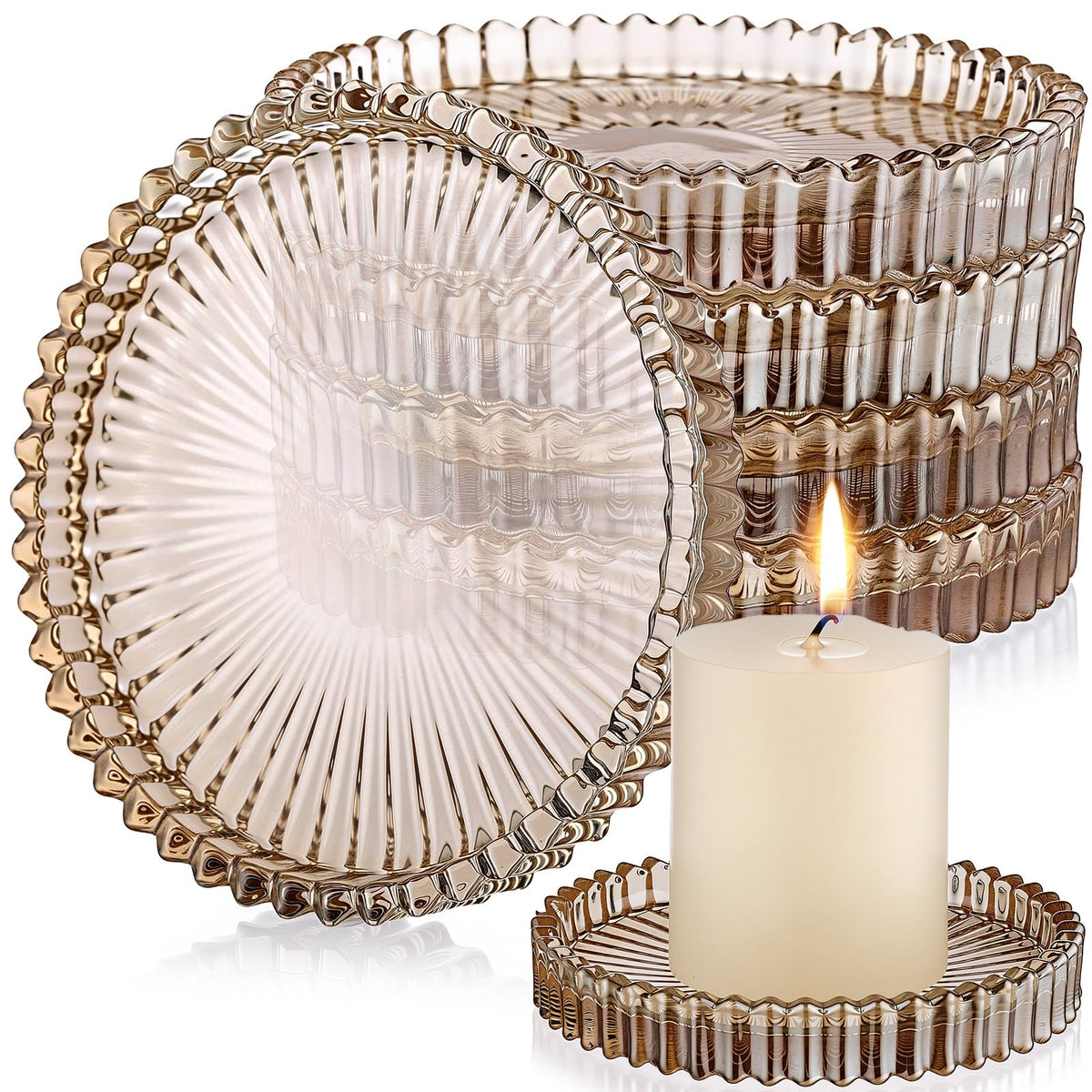 Honeydak Amber Glass Pillar Candle Holder Plates 4'' Round Glass Candle Tray Round Coasters for Table Centerpiece Wedding Party Home Bridal Shower Thanksgiving Christmas Decor(6 Pcs)