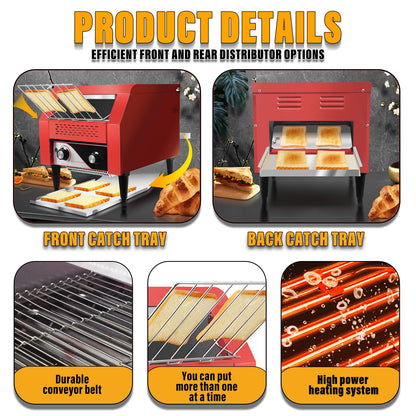 NJTFHU Commercial Conveyor Toaster 300 Slices/Hour Red Conveyor Toaster 3 Modes/7 Speeds Stainless Steel Tabletop Toaster for Toast, Bagels and Other Baked Breads