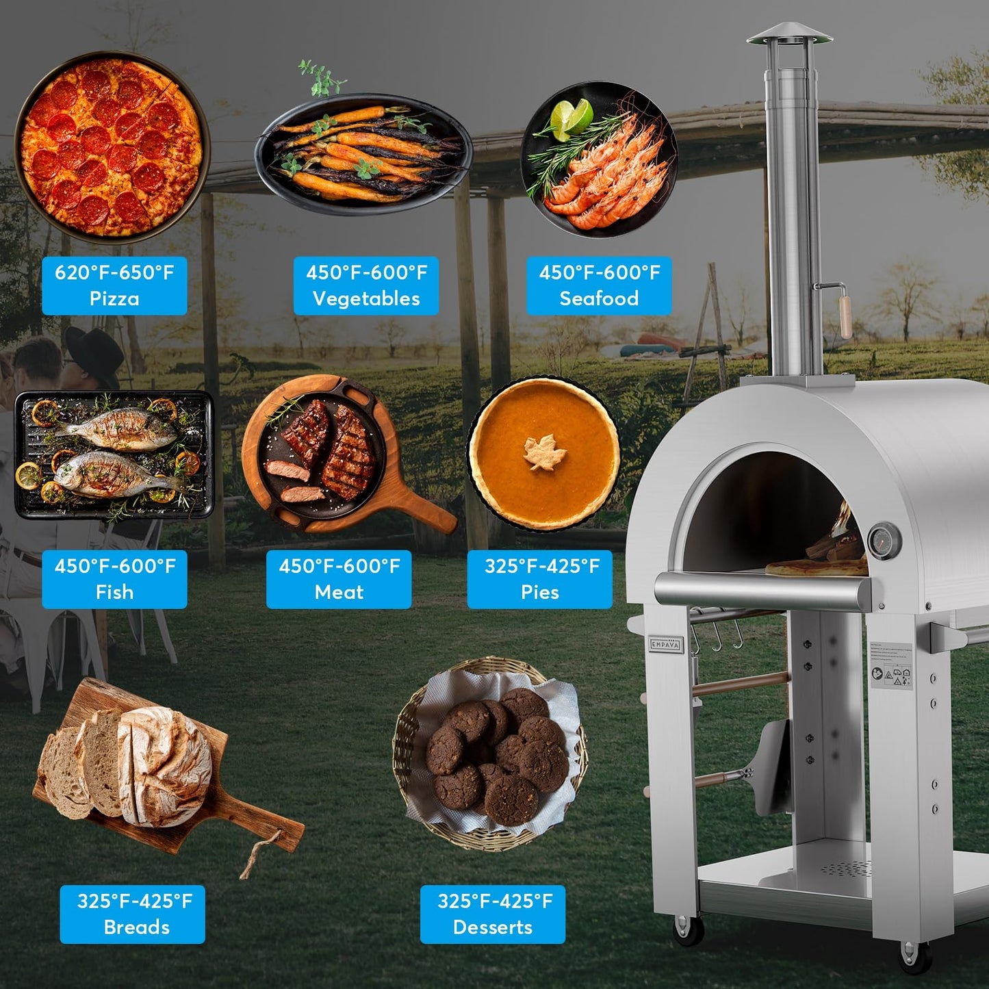 Pizza Oven, wood fire pizza oven for Outside Kitchen, Pizza Maker Oven Grill for Camping Backyard Party,38.6 Inch, Silver