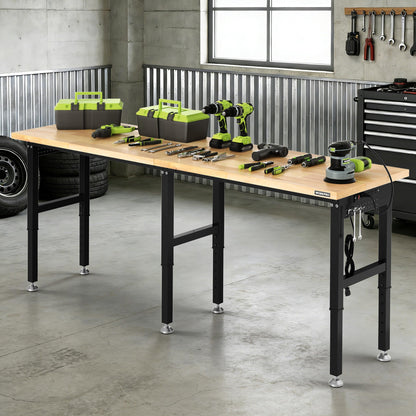 WORKPRO 96x24" Heavy-Duty Adjustable Workbench, 4000LBS Load Capacity Work Table with Power Outlet & Pegboard, Rubber Wood Top Workstation with Leveling Foot for Garage, Workshop