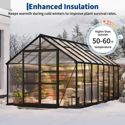 8×14 FT Outdoor Aluminum Polycarbonate Greenhouse, Easy Assembly Walk-in Greenhouse with Roof Vent & Lockable Hinged Door, Large Heavy Duty Greenhouse for Patio, Backyard, Garden, Sunroom, Black