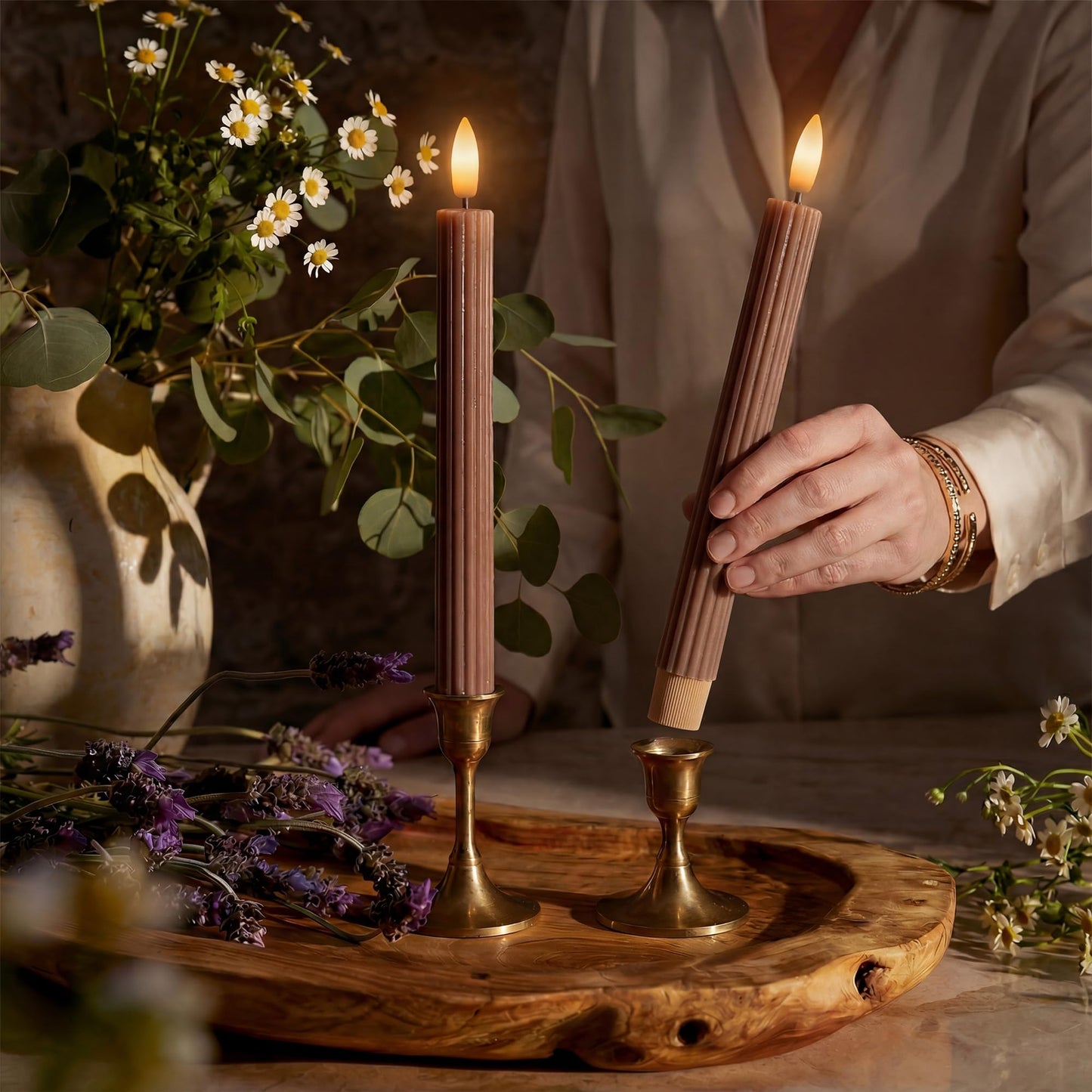 West Ivory 12 Pack, 10" LED Flameless Brown Tan Fluted Ribbed Grooved Taper Candles w/ 2 Remotes & 24h Timer Memory, On/Off Button, Dimmable, Flicker Mode, Battery Operated, Christmas Menorah Wedding