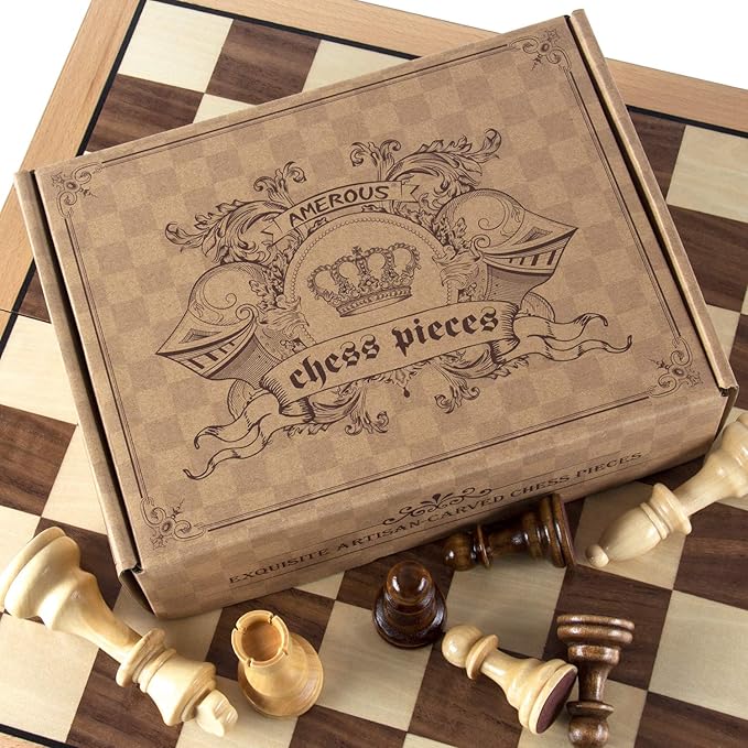 AMEROUS Chess Pieces Only Wooden Hand Carved Tournament Chessmen with 4.12 Inches King 2 Storage Bags for Chess Board Game Replacement of Missing Pieces