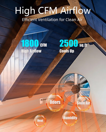 Ehiair 15" Attic Fan with Thermostat & Remote Control, 1800 CFM Gable Vent Exhaust Fan, Auto On/Off Based on Temperature, 2500 Sq Ft Coverage, 70W, 3 Speeds, 18-Hour Timer, Plug-and-Play
