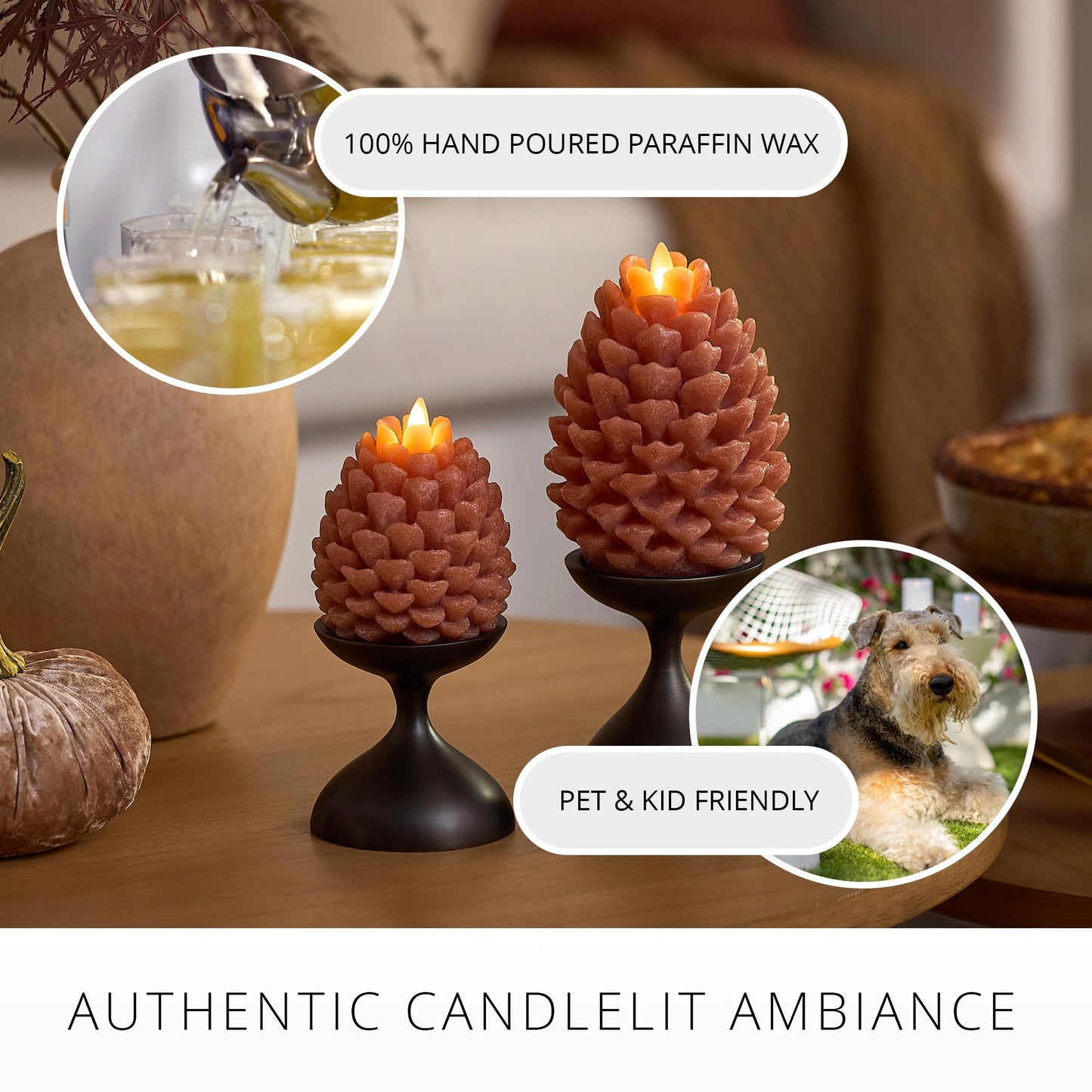 Luminara Flameless Candle 4.7" x 6" Battery Operated with Timer Real Wax Unscented LED Pinecone Caramel Café Chalky Finish Pine Cone Figural Holiday Decoration Rustic Centerpiece Table Decor
