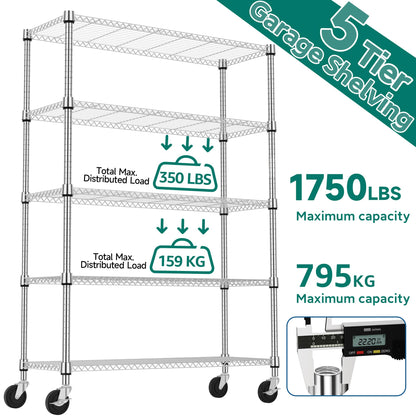 M MZG 1750LBS 47.2" W 5 Tiers Storage Shelves Metal Shelving Unit with Wheels Heavy Duty Garage Shelving Adjustable Wire Shelves for Pantry,Kitchen,Garage,Basement,Chrome 17.7" D x 47.2" W x 76.8" H