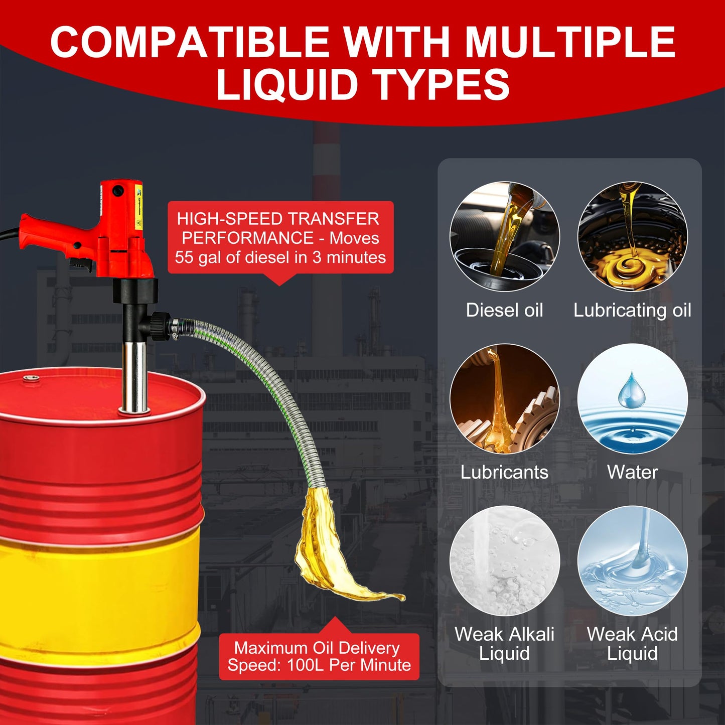 110V High-Power 1980W Electric Liquid Transfer Pump - 91cm Stainless Steel Tube 2m Steel Wire Hose - for Slightly viscous liquid,Lube Oil, Water, Antifreeze - electric fuel transfer pump