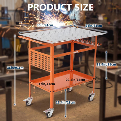 Welding Table, 36" x 24" Portable Welding Workbench, 800LBS Movable Garage Work Bench with 4 Wheels (2 with Brake) & 4 Leveling Feet, Double-Layer Storage Side Pegboard and Hooks