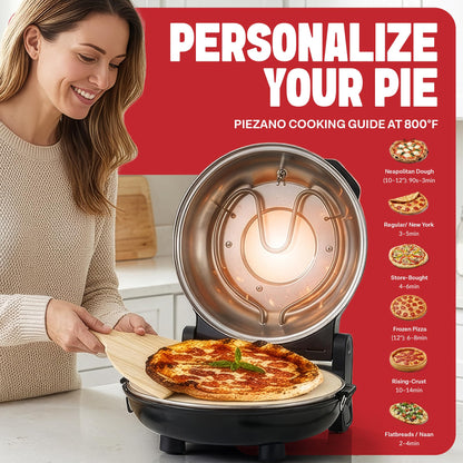 PIEZANO XL 14 Inch Electric Indoor Pizza Oven Heats up to 800˚F - Pizza Maker with Stone for Crispy Crust Pizza, Cooks in Under 6 Minutes, Countertop, Dual Heat Control, Peels & Scraper Included