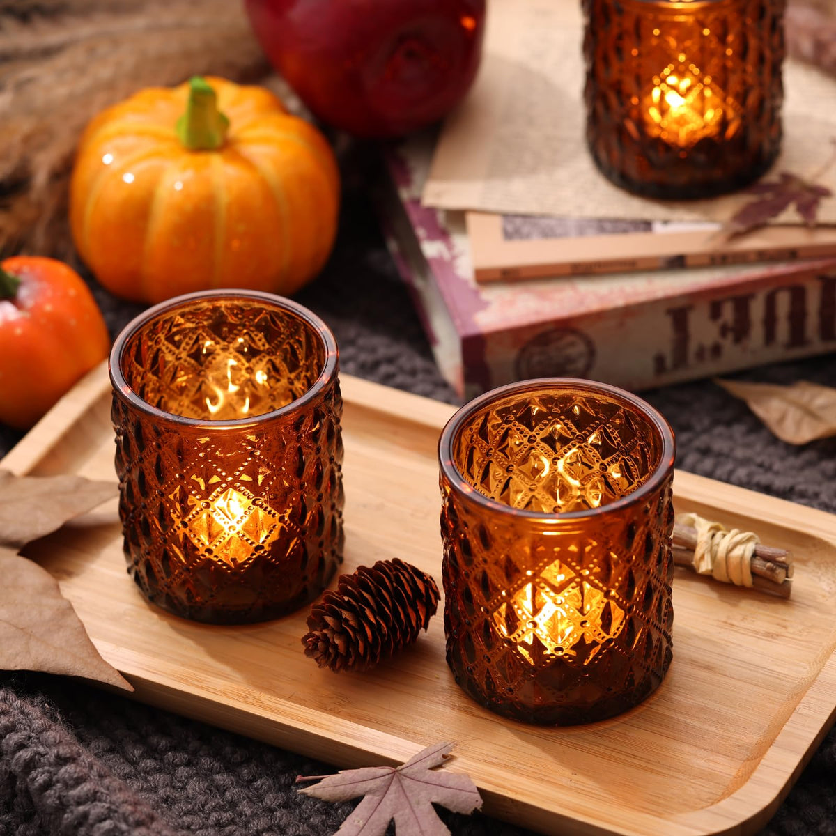 MATAHUM 12Pcs Large Votive Candle Holders 2.8 * 3.2in Amber Tea Light Candle Holders Glass Candle Holder for Bridal Shower, Wedding, Table Centerpiece, Party, Home Decor
