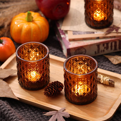 MATAHUM 12Pcs Large Votive Candle Holders 2.8 * 3.2in Amber Tea Light Candle Holders Glass Candle Holder for Bridal Shower, Wedding, Table Centerpiece, Party, Home Decor