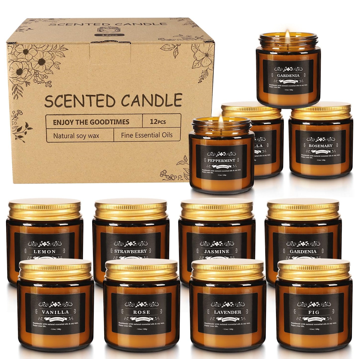 Scented Candle Set 12 Pack, Candle for Home Scented, Odor Eliminating, Stress Relief, Long Lasting Soy Wax Gift Set