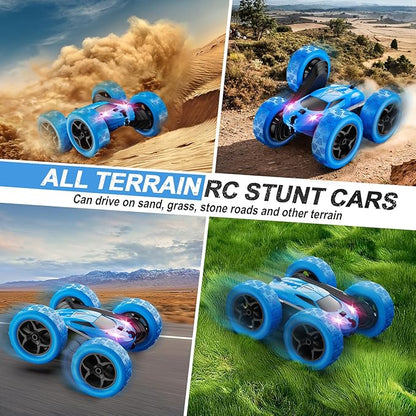 Remote Control Car RC Cars Toys for Kids Ages 6-12 4WD Stunt Car with LED Lights &amp 360° Flips 2.4GHz Upgraded USB-C Modular Batteries 8-10 Year Old Boys Birthday Gift 1-Blue