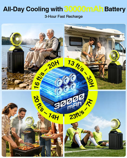 TaskStar 13" 8 Gal Outdoor Misting Fan, Rechargeable 30000mAh Misting Fans for Outside, 7-30H Runtime, Remote Control & Oscillation, Portable Cooling Fan for Patios Camping Garage Golf Sports Travel