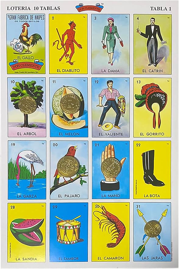 Loteria Mexicana Tradicional Jumbo Don Clemente para 10 Jugadores con 100 Monedas - Jumbo Size Mexican Bingo Set with 100 Counting Chips Plastic Coins for 10 Players with Deck of Cards and Boards