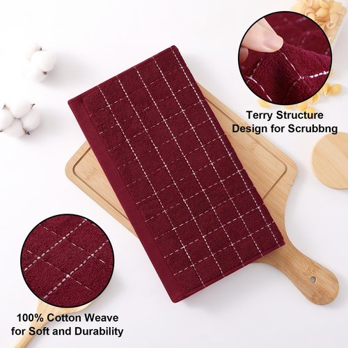 Homaxy 100% Cotton Terry Kitchen Towels(Burgundy Red, 13 x 28 inches), Checkered Designed, Soft and Super Absorbent Dish Towels, 6 Pack