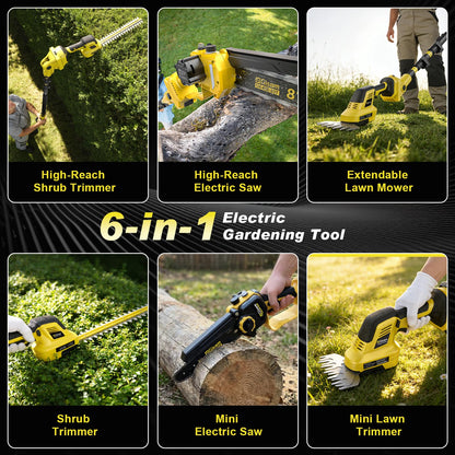 6-in-1 Cordless Pole Saw & Hedge Trimmer Combo & Grass Shear with Extension Pole Garden Tool with 2 * 4.0Ah Battery,180°Adjustable Angle,16Ft Reach,for Shrubs Pruning