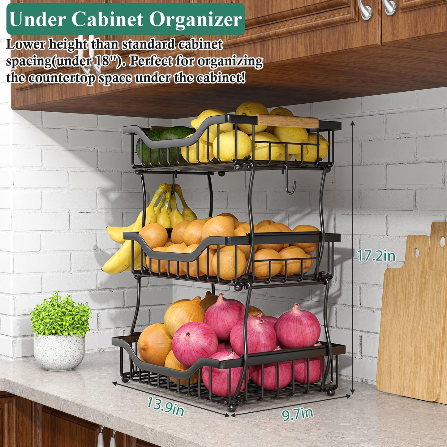 OKZEST 3-Tier Fruit Basket for Kitchen Counter with 2 Banana Hangers, Countertop Organizer Fruit Bowls, Fruit Storage Basket Stand with Handle for Storage Potato Onion Bread Snack Fruit Veggie