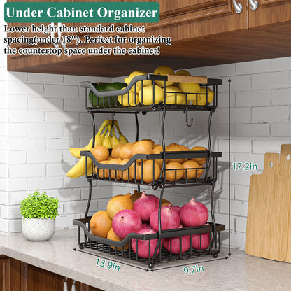OKZEST 3-Tier Fruit Basket for Kitchen Counter with 2 Banana Hangers, Countertop Organizer Fruit Bowls, Fruit Storage Basket Stand with Handle for Storage Potato Onion Bread Snack Fruit Veggie