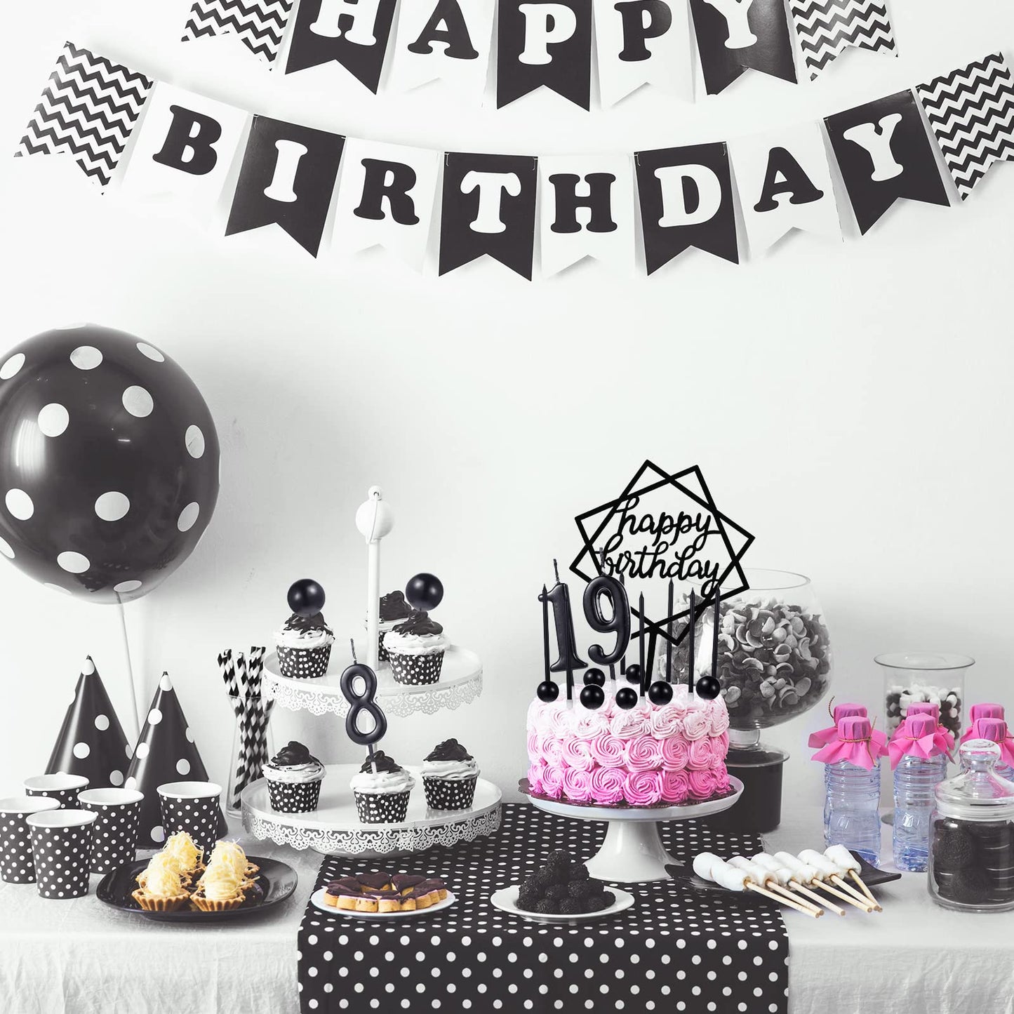 Yerliker 34 Pcs Happy Birthday Cake Toppers Decorations Birthday Candles DIY Cake Decor for Men Women Wedding Anniversary(Black)