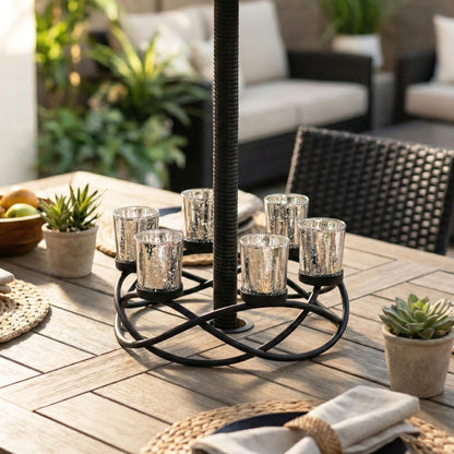Seraphic Centerpieces for Table Decorations - Round Candle Holders for Outdoor Patio, Dining, Kitchen, Coffee & Wedding Table Decor, Black Iron Candelabra, 6 Silver Glass Votive Tealight Cups