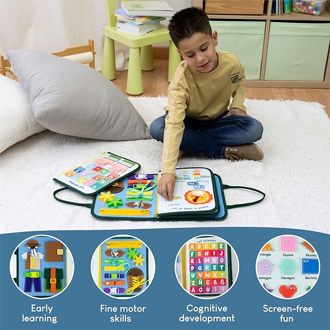 BONNYCO Busy Board for 1 Year Old Animals. Montessori Busy Book for Toddlers 1-3 2-4 Felt Quiet Book Baby. Montessori Toys Toddler Learning Toys for Travel Airplane Car. Educational Activity Board