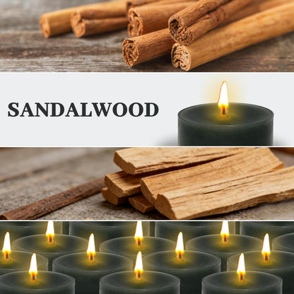 Sandalwood Scented Tea Light Candles 24 Pack Black Hand Poured Smokeless 4 Hours Clean Burning Small Round Clear Cups Tealight Candles for Romantic Dinners Wedding Centerpieces Cozy Evenings