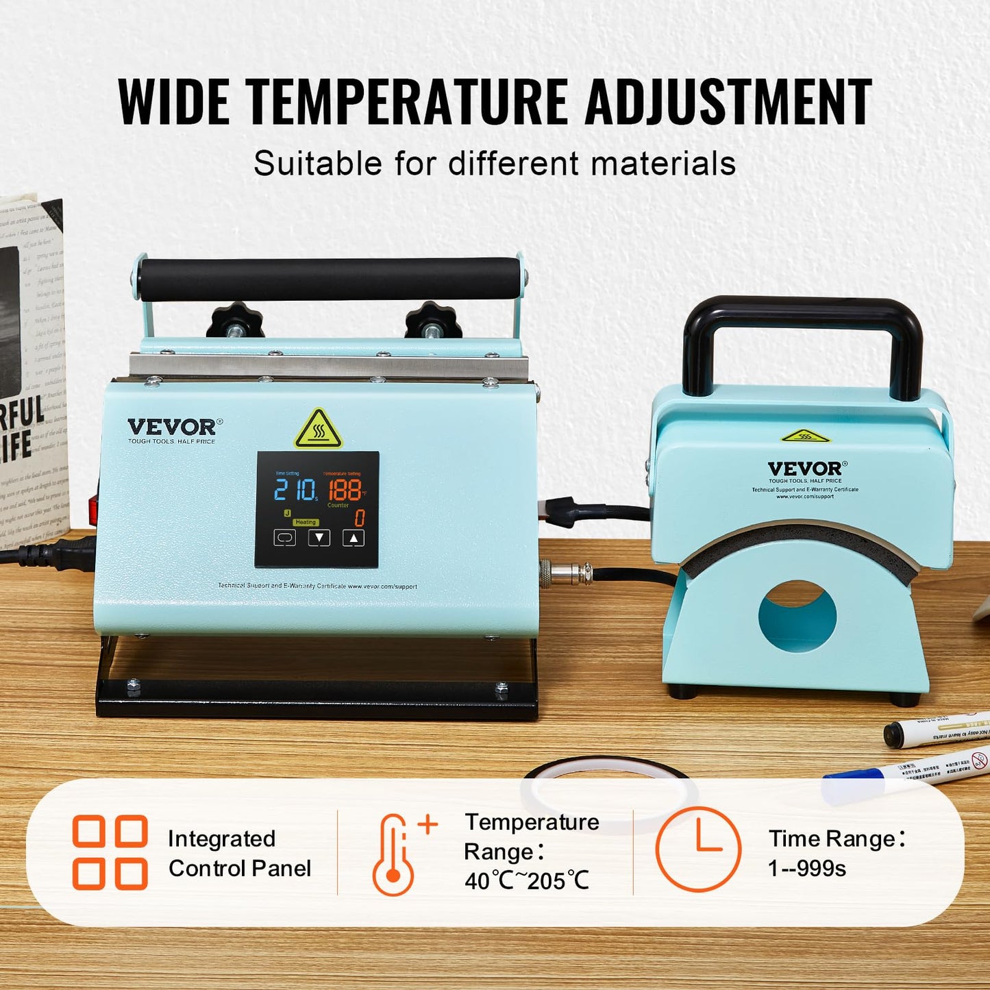 VEVOR 2 in 1 Tumbler and Hat Heat Press Machine, Mini Press for Caps, 11-30oz Sublimation Mugs, Temperature and Time Control, Green