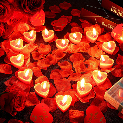Giegxin 2000 Pcs Red Rose Petals with 24 Pcs Heart Tealight Candles for Romantic Night for Her Set Valentine's Day Anniversary Wedding Table Decor Home Party Gift