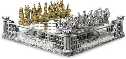 BB Brother Brother Ancient Roman Gladiators 3D Chess Board Game Set Glass Board Handmade Gold and Silver Polyresin Chess Pieces for 2 Players