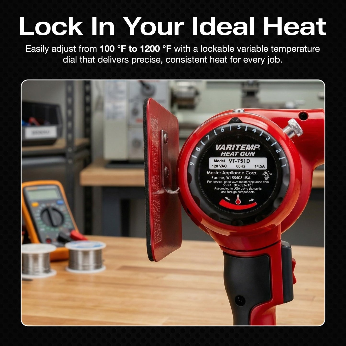 Master Appliance VT-751D Industrial Heat Gun, Quick Change Plug-In Heating Element, Variable Temperature Heat Gun, 130F to 1200F, 120V, 1740W, 14.5 Amps, Engineered In USA
