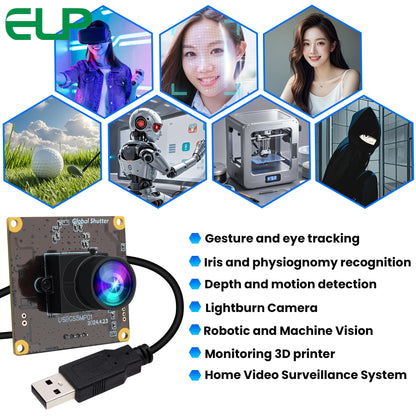 ELP 5MP Global Shutter 50fps USB Camera Module for Computer UVC USB2.0 Lightburn Cam for Laser Engraver High Speed 60fps PC Camera Wide Angle Webcamera for Live Streaming (100°Low Distortion Lens)