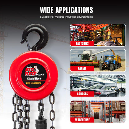BIG RED Hand Chain Hoist 1 Ton 2000 Lbs Capacity 8ft/2.5m Torin Manual Chain Fall with 2 Heavy Duty Hooks, for Warehouse Automotive Machinery, Red, TR9010