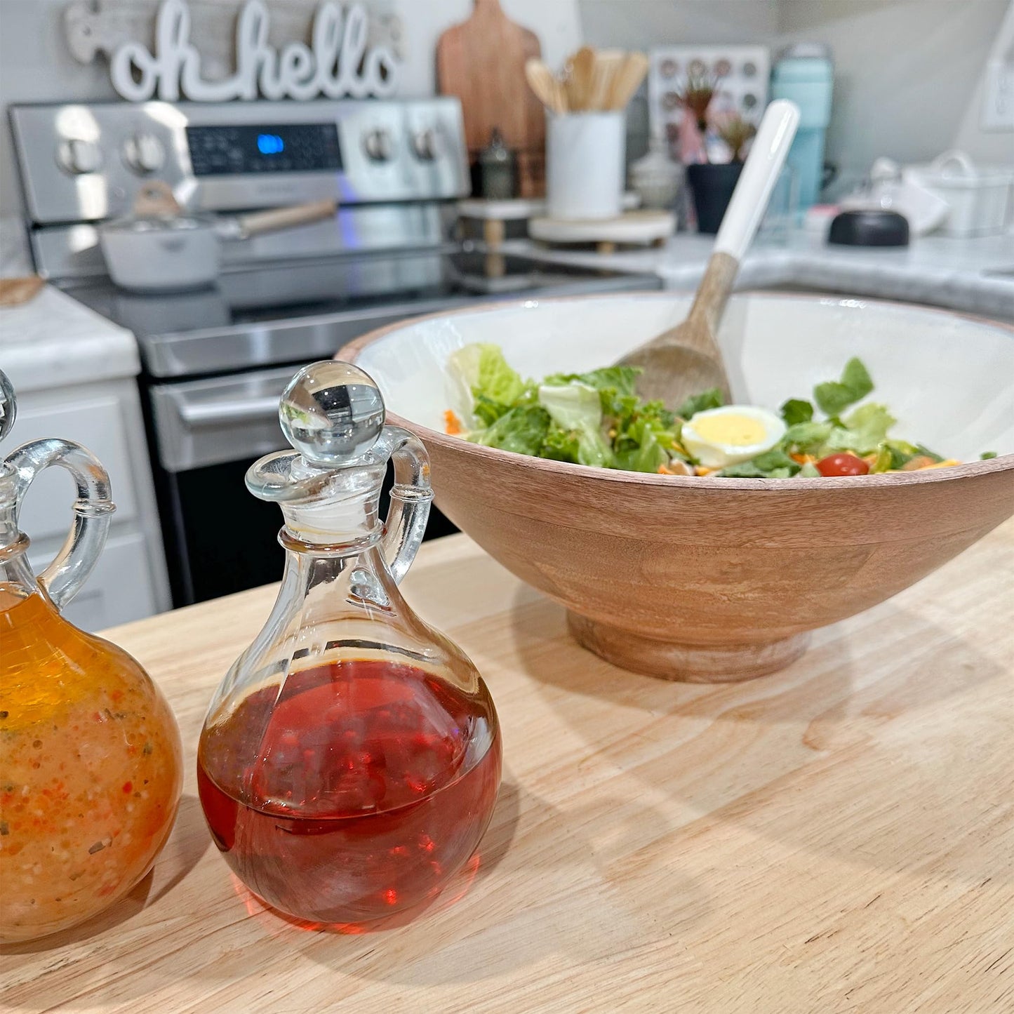 Cornucopia Brands Glass Oil and Vinegar Cruets (Set of 2); 8oz Round Oil Dispensers / Salad Dressing Bottles with Stoppers