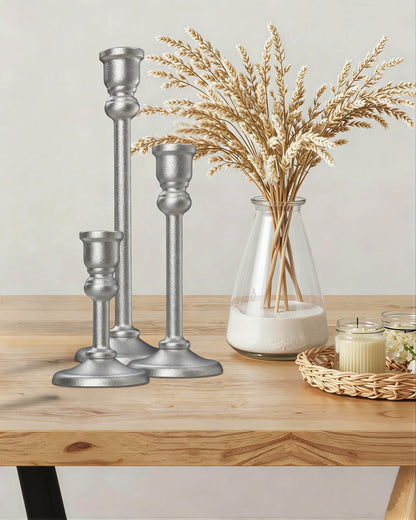 Candlestick Holders Taper Candle Holders Set of 3, Golden Candlestick Holders Decorative Candle Stand, Tapered Candle Holders Set for Wedding, Dining Table, Home Decoration (Antique Silver)