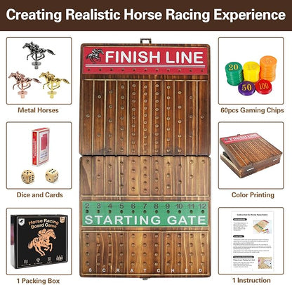 FUNNYB&ampG 21 inches Horse Race Board Game Foldable Large Horse Racing Game for Adults with 11 Metal Horses Solid Wood 60 Pcs Poker Chips 2 Dice 1 Pack of Cards for Family Tabletop Parties(Brown)