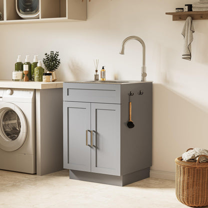 ANCTOR 24 Inch Laundry Sink with Cabinet, Stainless Steel Utility Sink Cabinet with Pull-Out Hot/Cold Faucet Metal Hooks Freestanding Deep Utility Sink for Laundry Utility Room Kitchen Garage