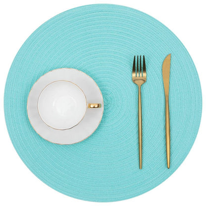 SHACOS Round Placemats Set of 6 Washable 15 inch Round Table Mats Cotton Polyester Woven Braided Place Mats for Dining Table (Aqua, 6)