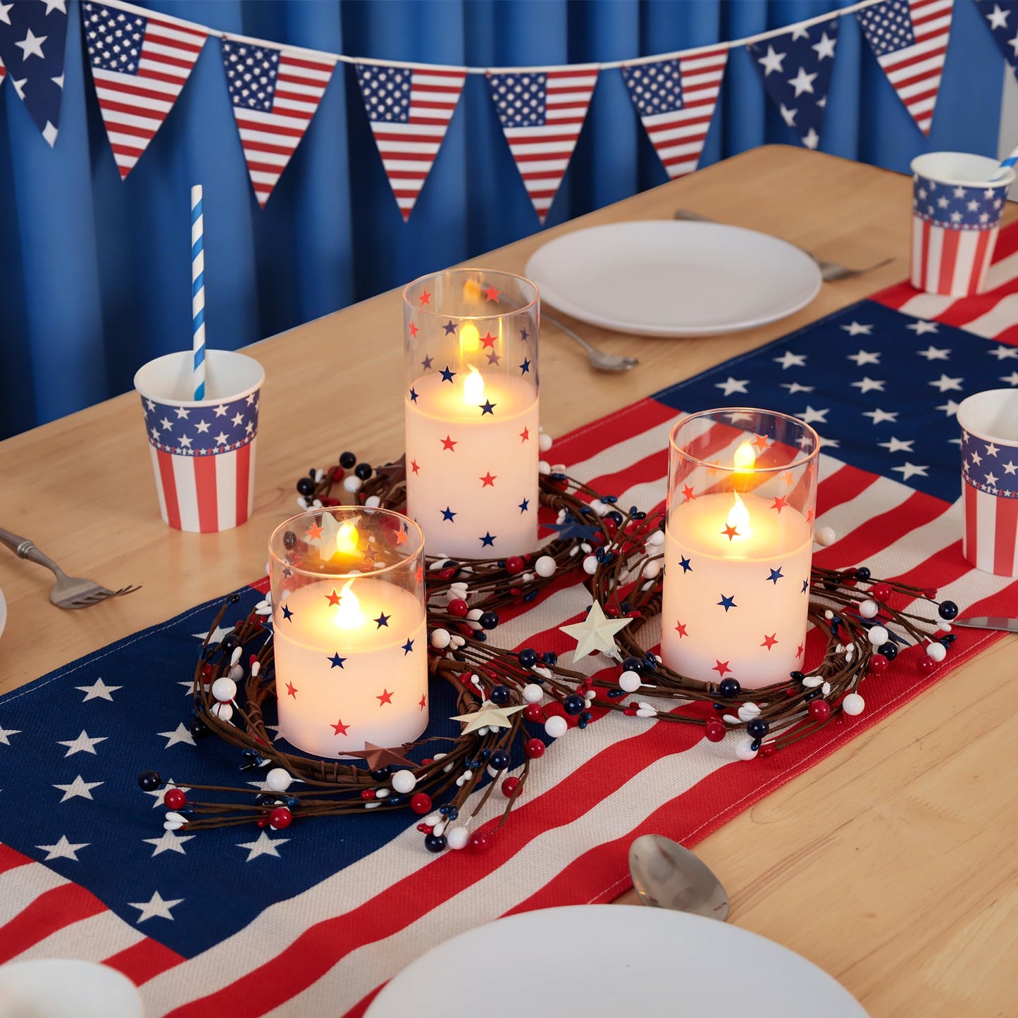 4th of July Candles, Glass Flameless Pillar Candles with Remote and Timer, Red White Blue Star Patriotic LED Candles, 250th Anniversary Battery Operated Independence Day Indoor Decor Set of 3