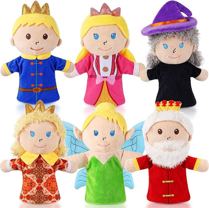 6 Pcs Castle Hand Puppets Fairy Tales Queen &amp King Princess &amp Prince Elf &amp Witch Plush Toys Role-Play Toy Puppets for Kids Storytelling Imaginative Pretend Play Teaching Preschool(6 Cart