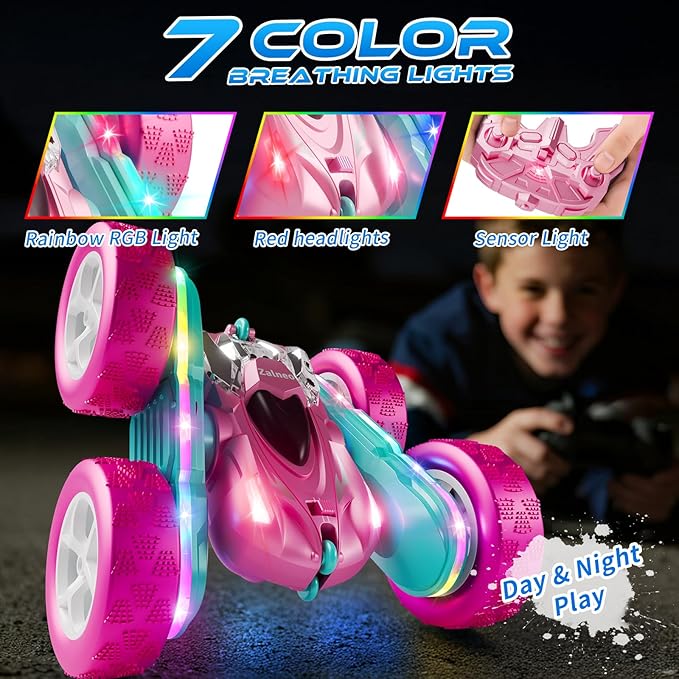 RC Car Pink 4WD Remote Control Car 360° Flip Double‑Sided LED Light Bar &amp Quick‑Swap USB‑C Modular Battery 2.4 GHz No‑Interference Popular Outdoor Beach Toy Popular Gift for Girls Ages 6‑12